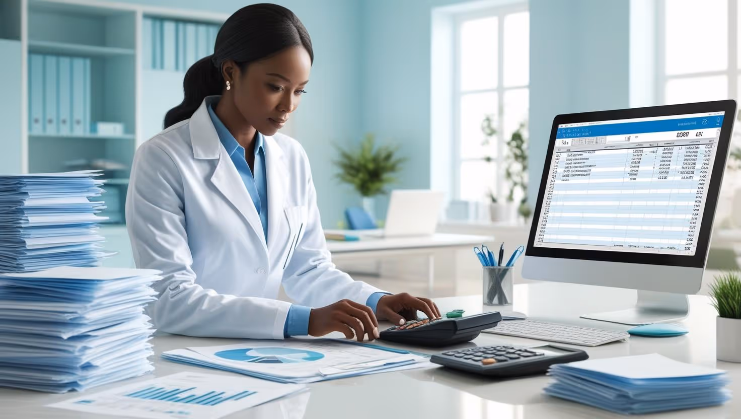 An accountant in a white lab coat works at a large desk with a computer monitor displaying spreadsheets and a calculator. There are stacks of paper and documents around her.