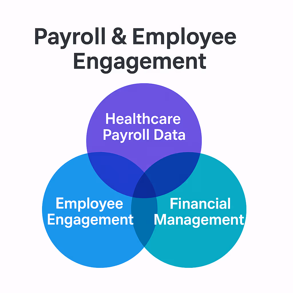 Graphic showing the connection between healthcare payroll data, employee engagement, and financial management to streamline HR and finance for providers.