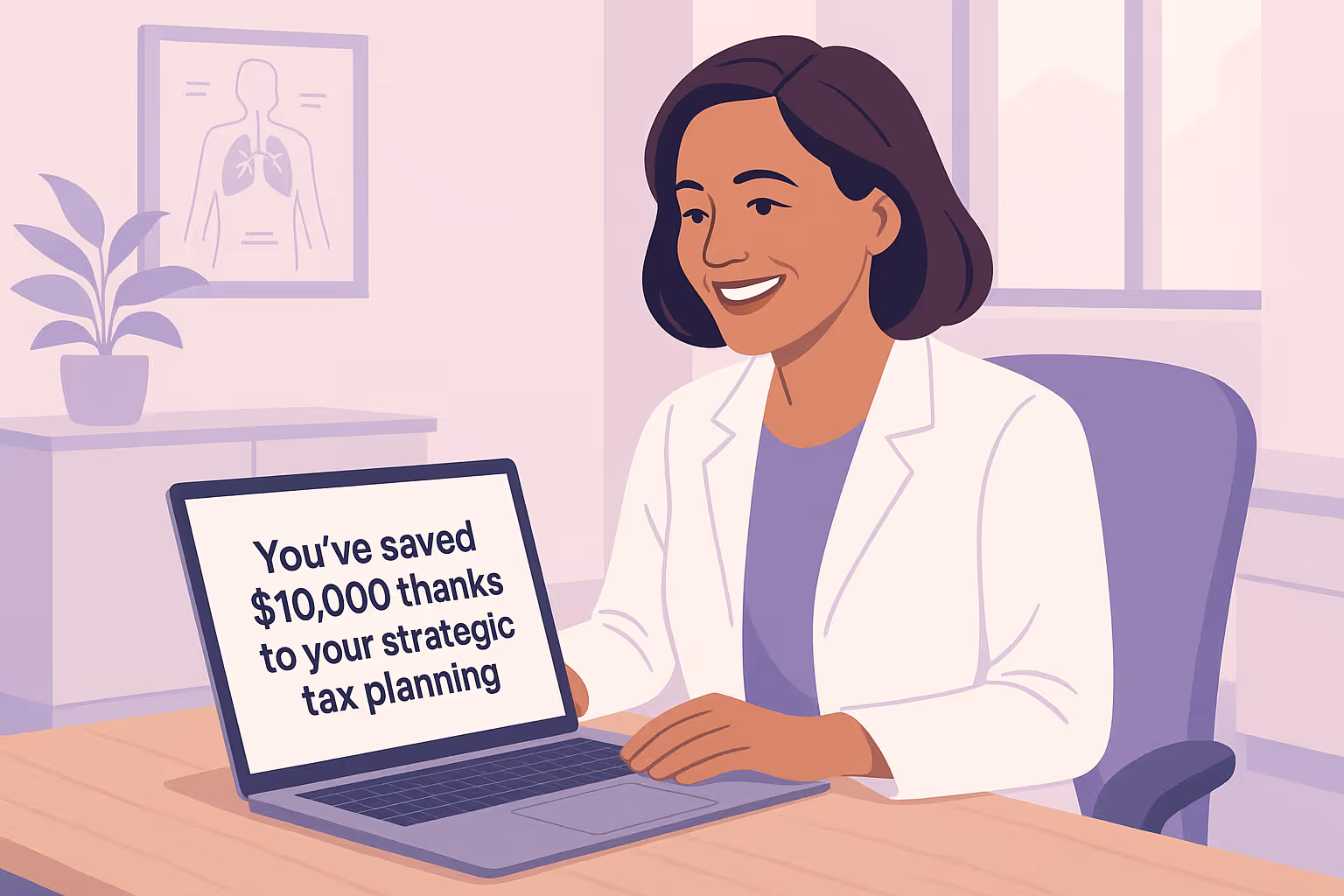 Smiling private medical practice owner reviewing laptop message showing $10,000 saved through strategic tax planning.