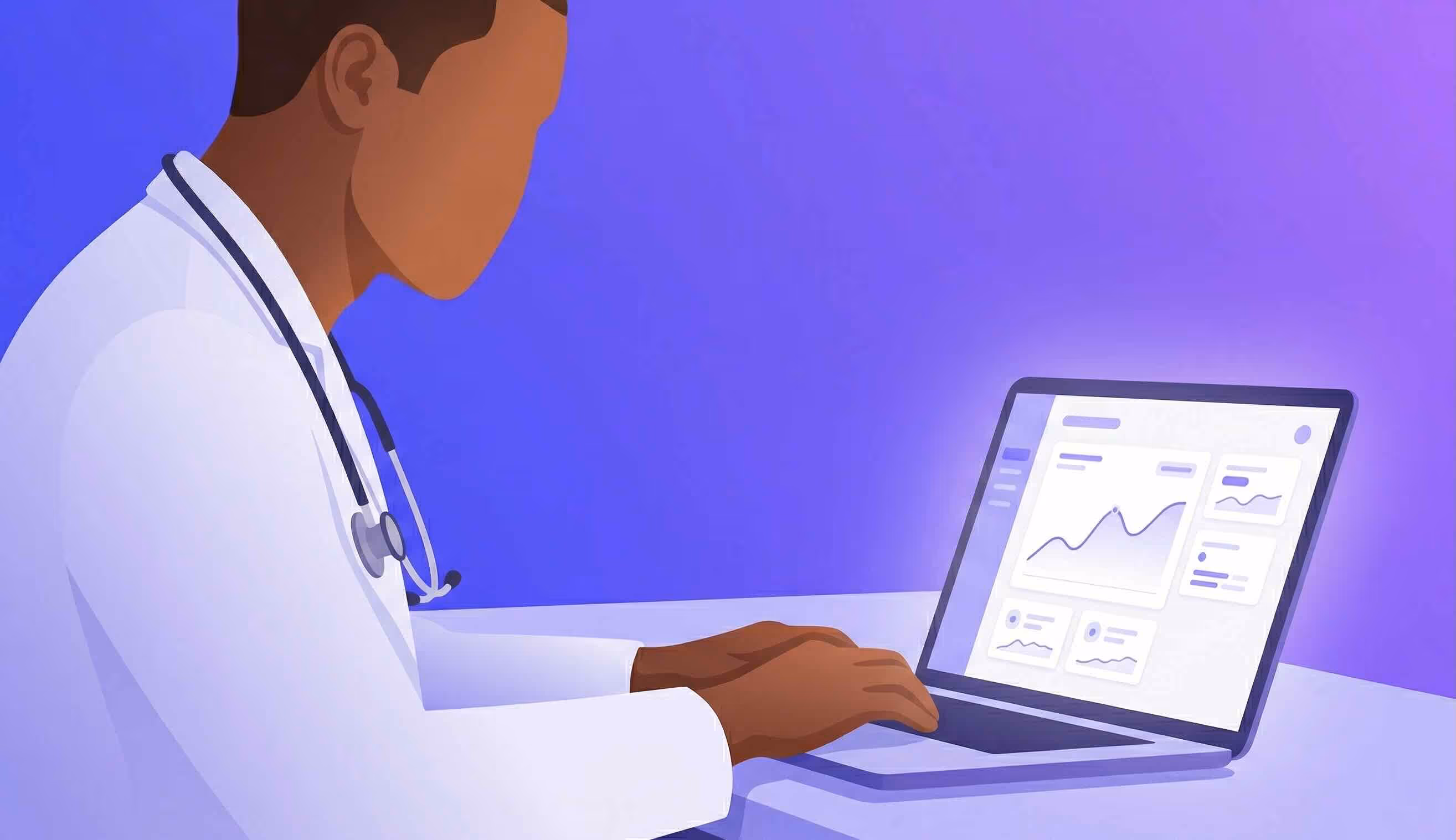 An illustration of a healthcare accounting professional reviewing financial data and growth charts on a laptop
