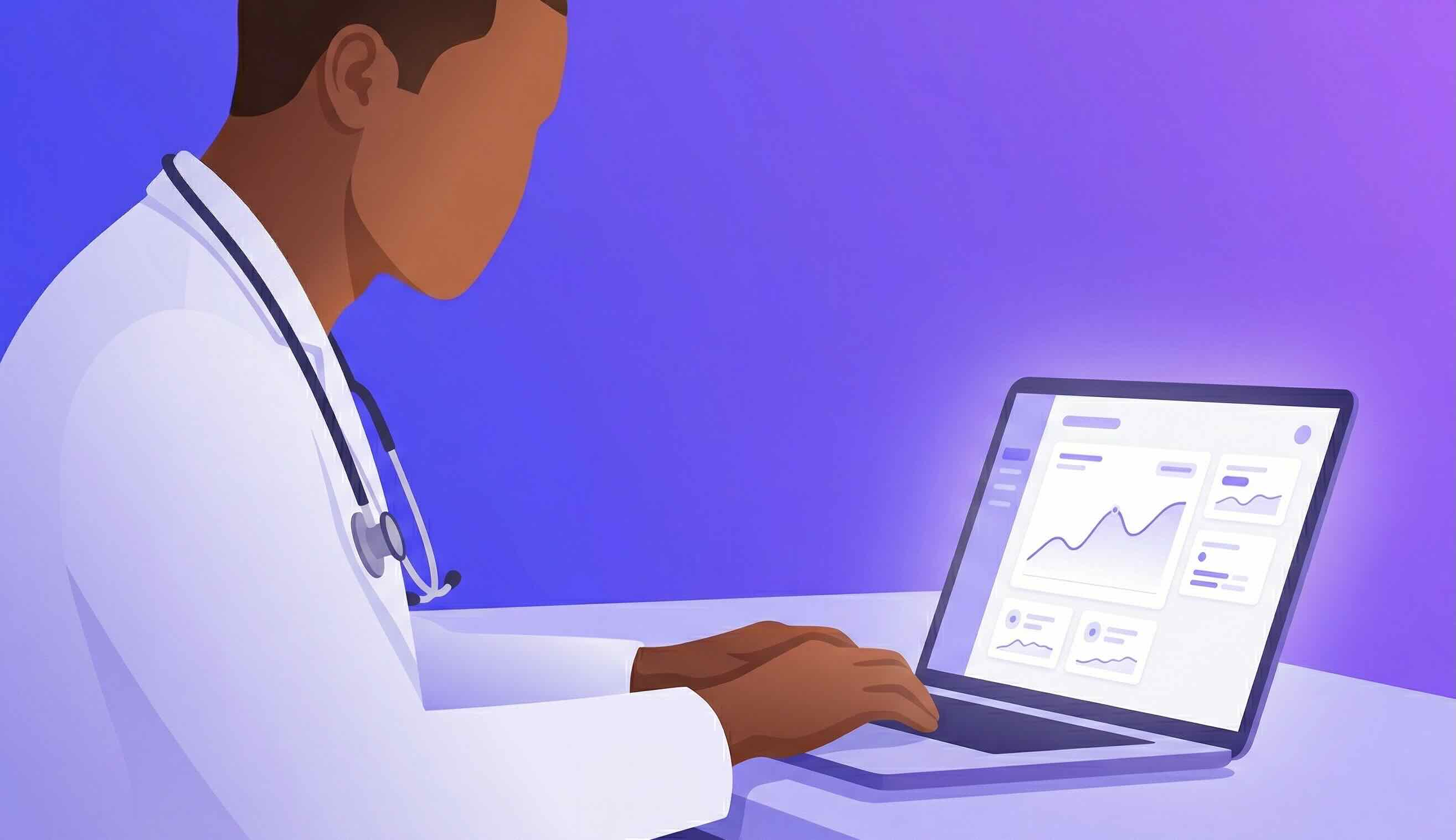 An illustration of a healthcare accounting professional reviewing financial data and growth charts on a laptop