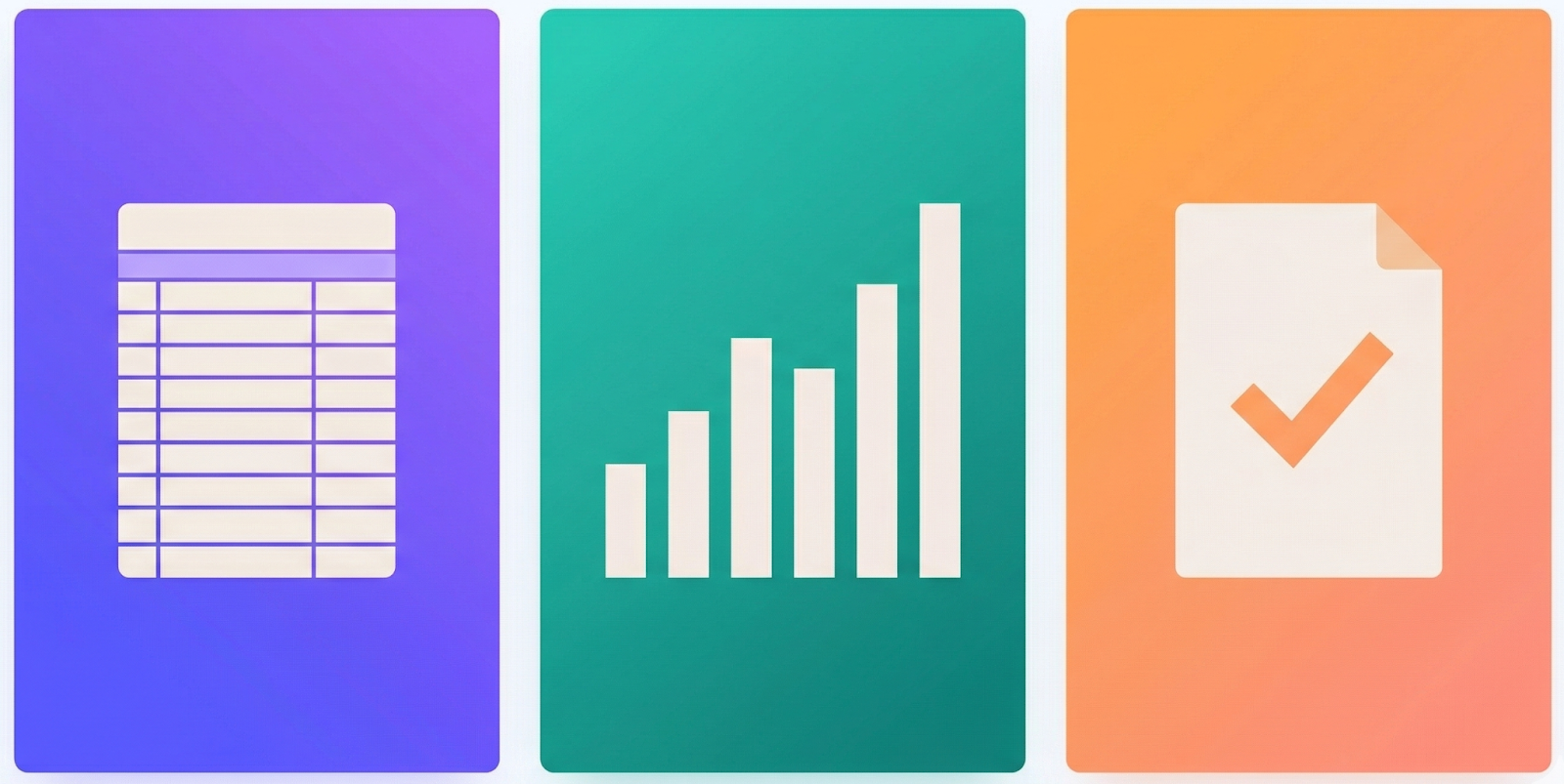 Three cards illustrating Flychain’s healthcare accounting pillars: a purple list for automated bookkeeping, a teal bar chart for financial reporting, and an orange document with a checkmark for tax preparation.