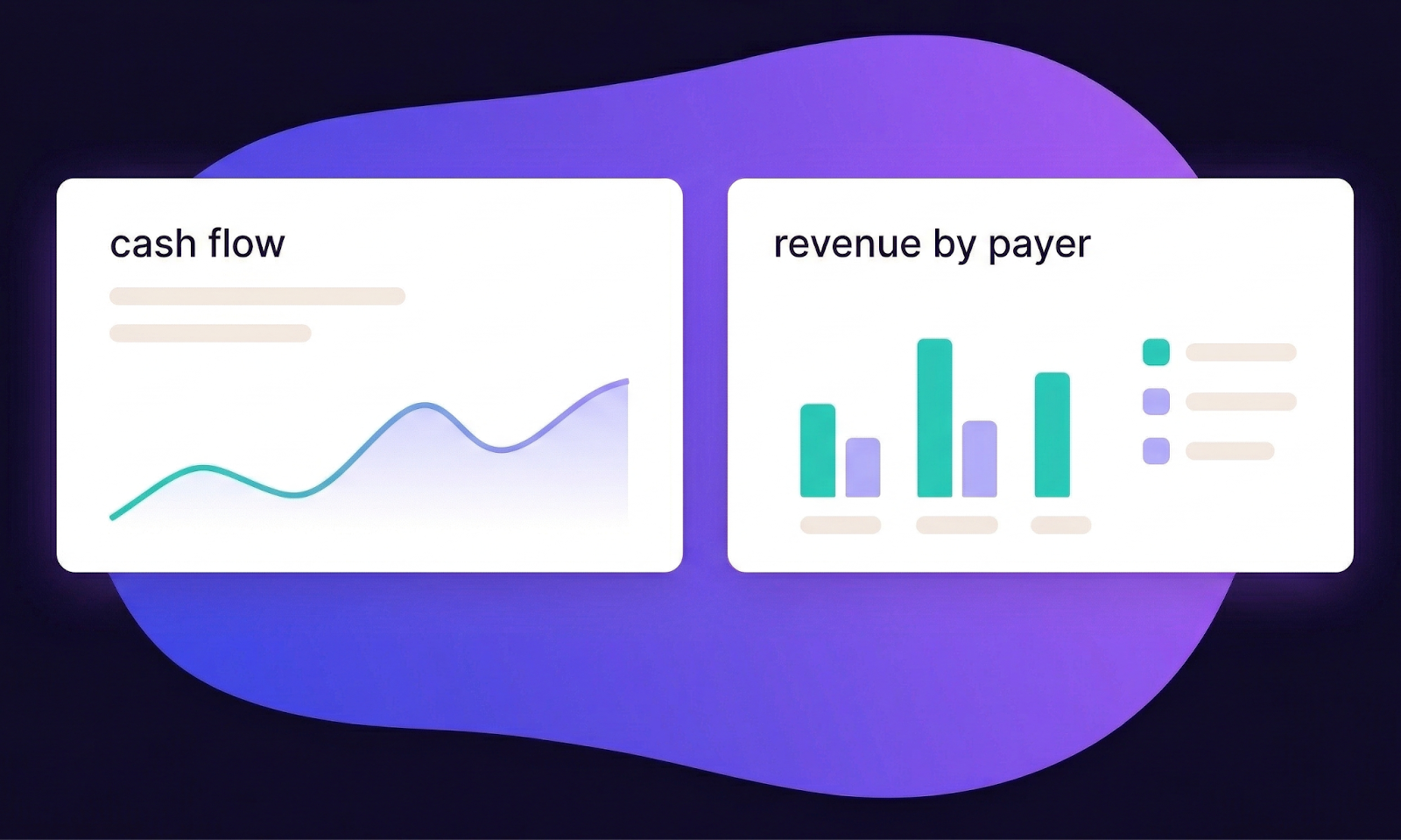 A digital dashboard for healthcare accounting displaying real-time cash flow analytics and revenue by payer graphs.