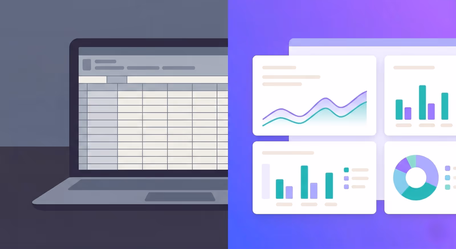 A split-screen comparison showing a traditional accounting spreadsheet on a laptop versus a modern healthcare accounting dashboard with interactive data visualizations.