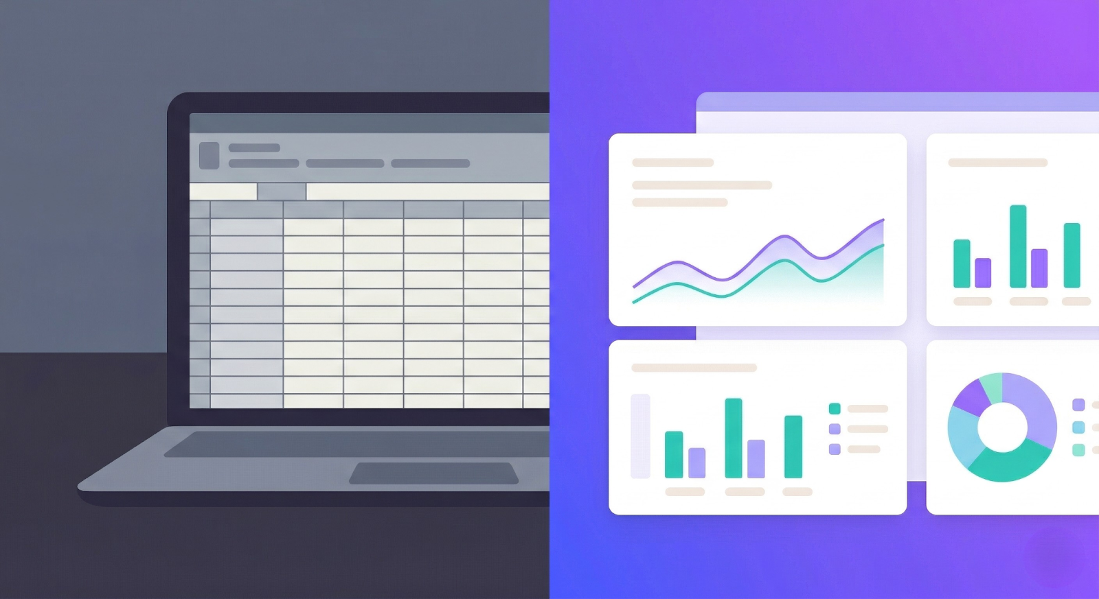 A split-screen comparison showing a traditional accounting spreadsheet on a laptop versus a modern healthcare accounting dashboard with interactive data visualizations.