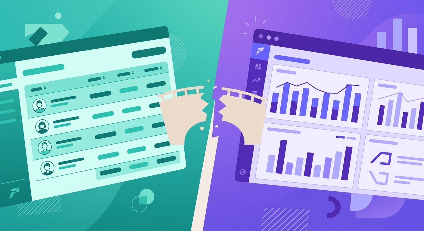 Healthcare payroll software data gap illustration, showing healthcare payroll data on one side and financial reporting on the other, with a gap in between