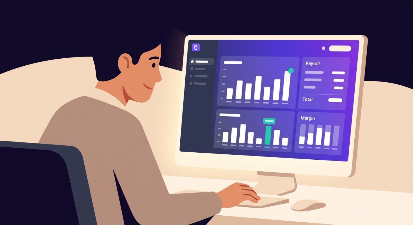 Infographic of an independent healthcare practice owner using a healthcare payroll software and financial software, showing how a practice owner can benefit from integrated payroll and financial management‍