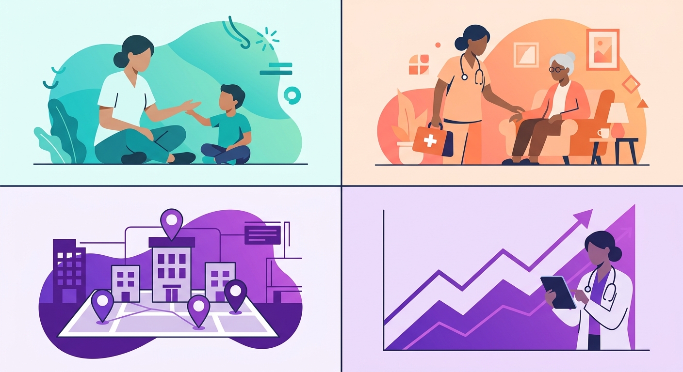 Infographic showing the types of healthcare practices that benefit from using healthcare payroll and financial software.