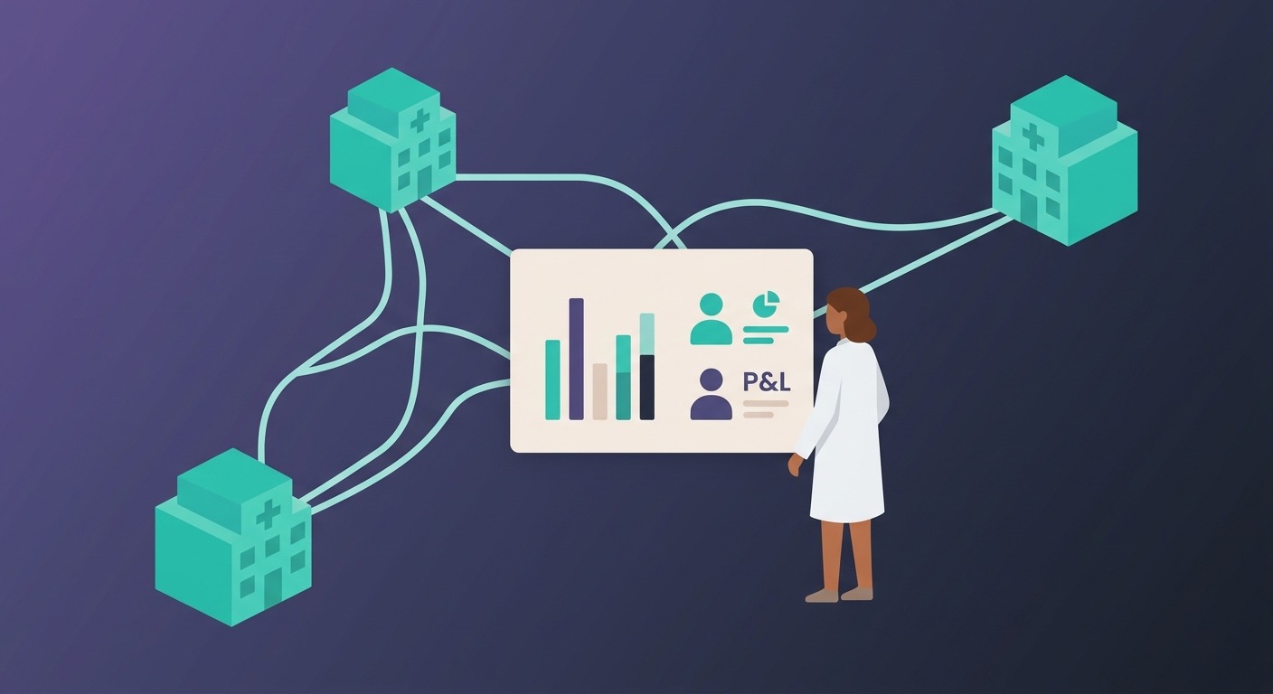 Diagram showing a medical practice management financial system, outlining how financial data flows from multiple clinic locations into a consolidated P&L dashboard