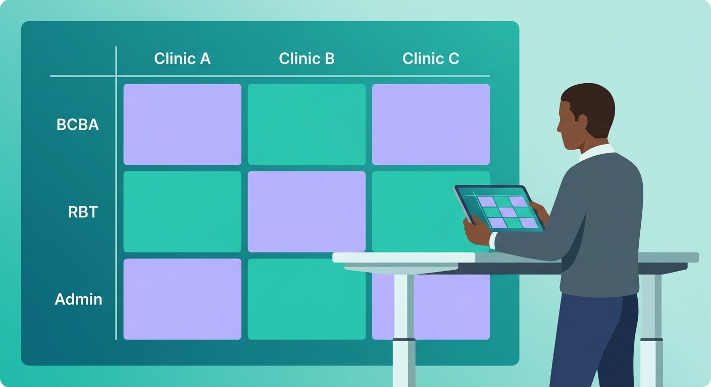 Example medical practice management payroll department setup, showing location + role combinations for a multi-location ABA practice