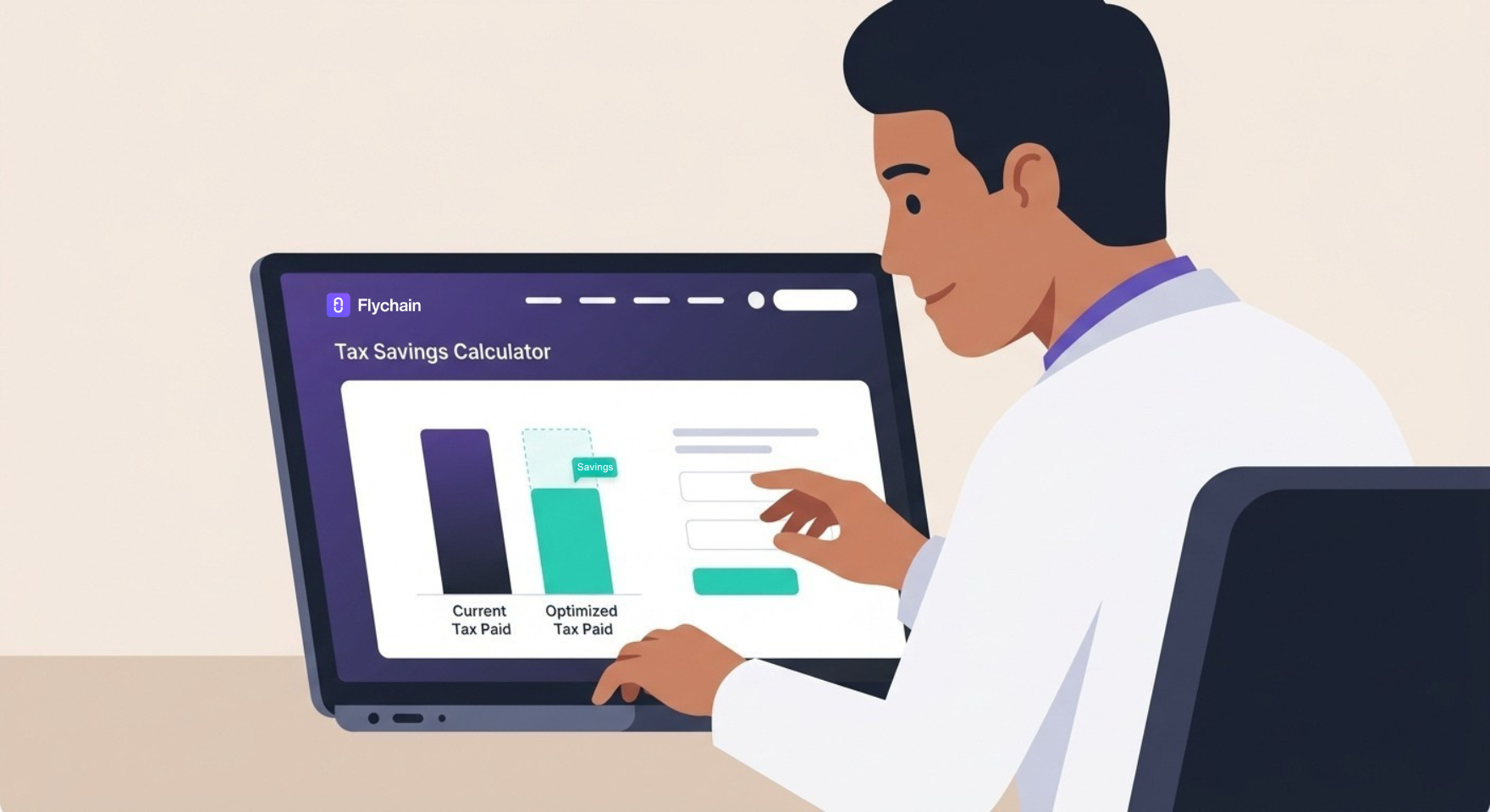 Editorial illustration showing a healthcare practice owner reviewing the Flychain Tax Savings Calculator to estimate annual tax gap on a laptop screen, with a clear gap visualization between current tax paid and optimized tax paid.