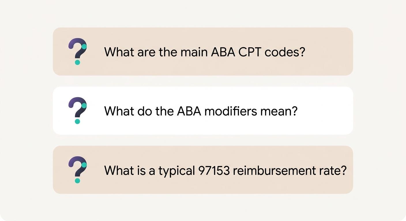 Illustration of an FAQ panel with sample ABA billing questions; alt text: 'ABA CPT codes and reimbursement frequently asked questions'