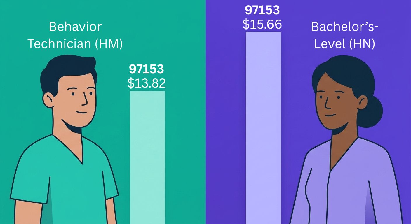 Credential-tier comparison - ABA 97153 reimbursement rate by credential level HM HN modifier (RBT and BCaBA)
