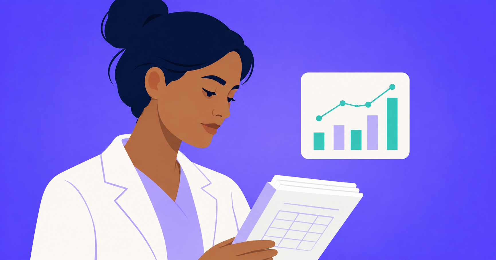 Illustration of a doctor looking at her laptop with financial diagrams, and text at the top saying Best Accounting Solution for Healthcare Organizations