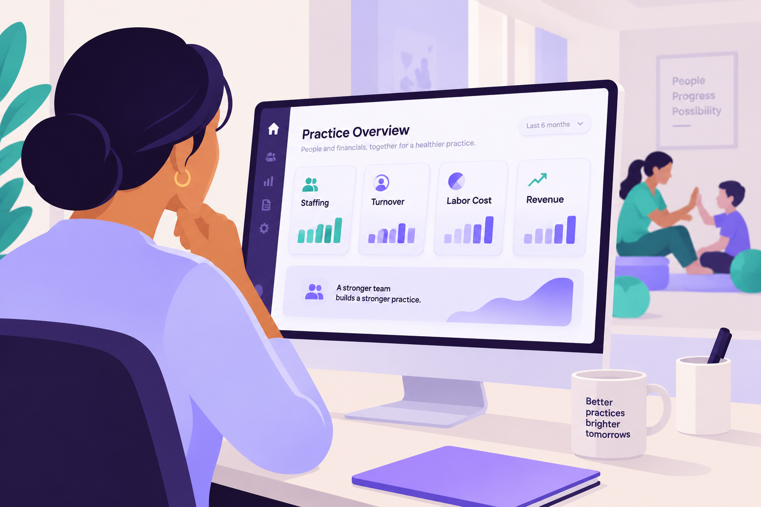 A healthcare practice owner reviewing a dashboard with both HR metrics (staffing, turnover) and financial metrics (revenue, expenses) side by side on one screen