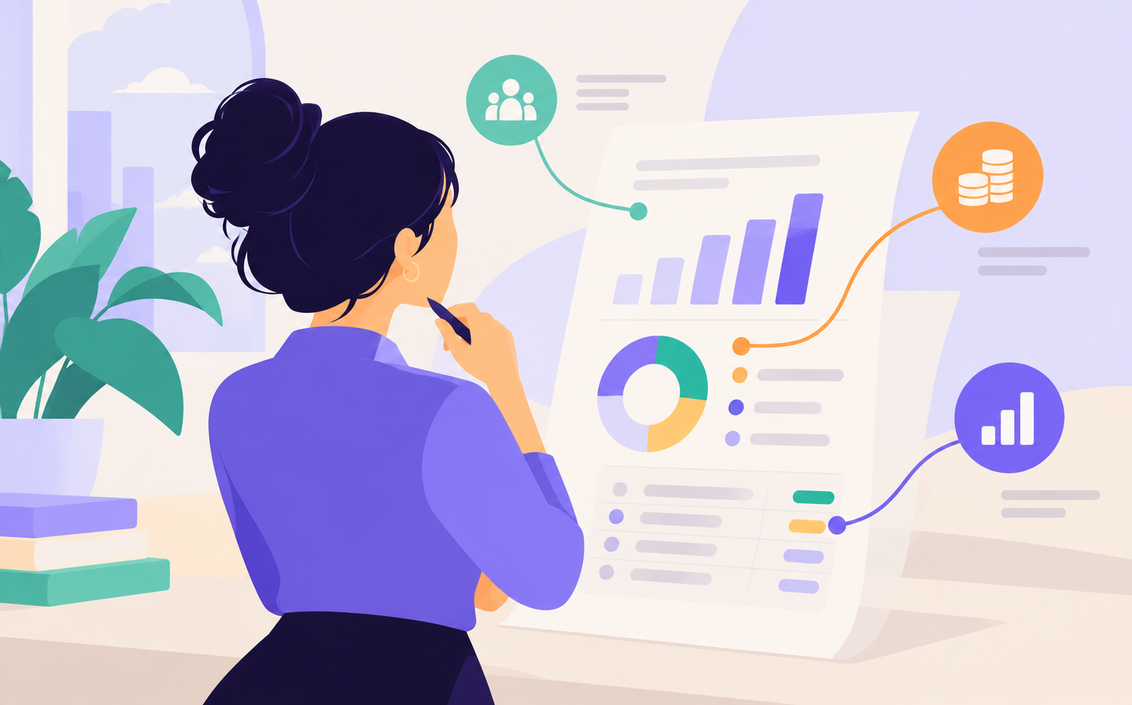 Illustration of a practice owner reviewing a P&L report with charts for staffing, revenue, and key financial metrics.