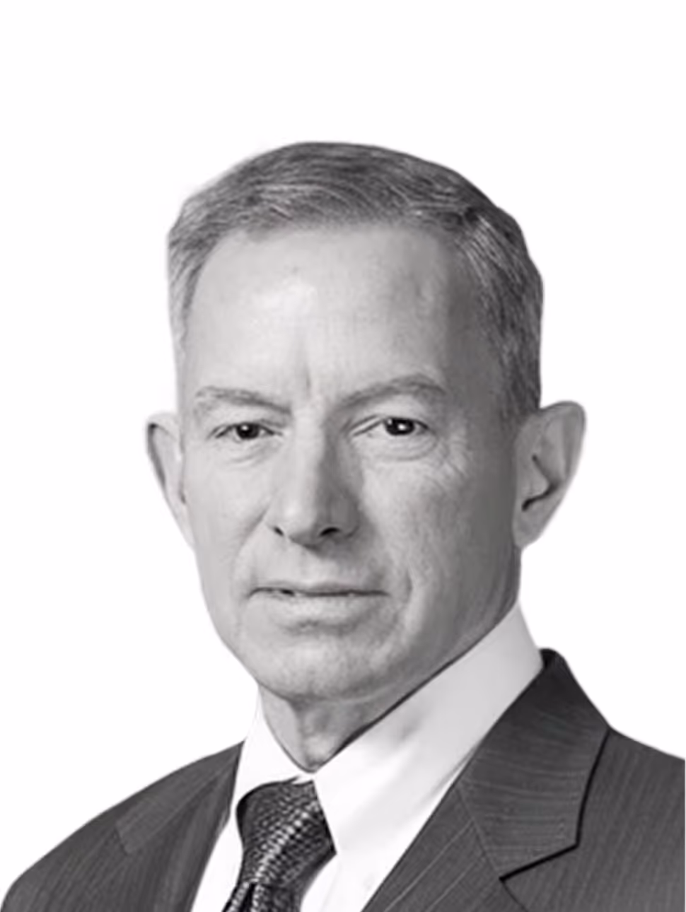 Black and white headshot of a middle-aged man wearing a suit and tie against a white background.