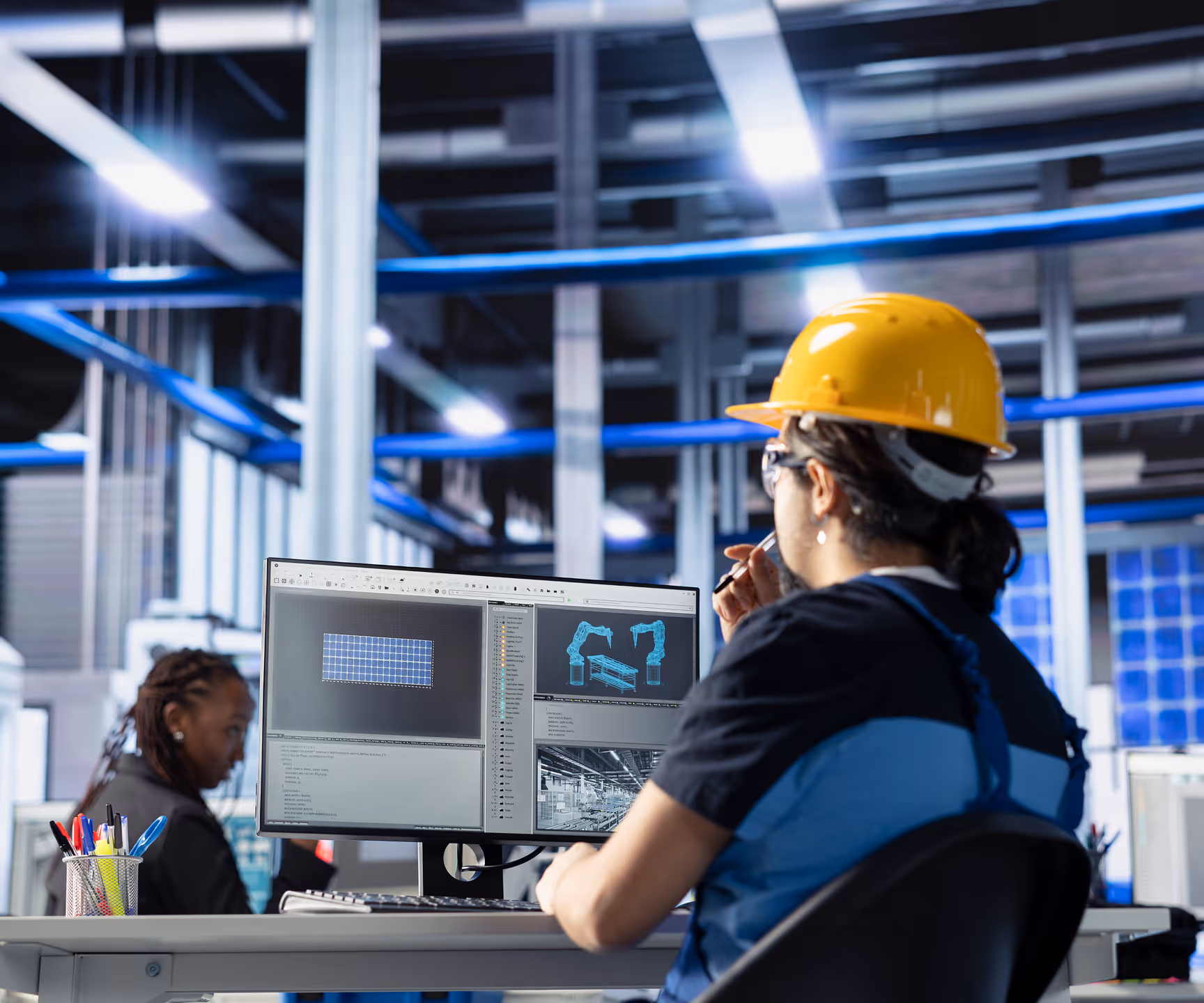 A female engineer wearing a yellow hard hat, focused on her computer screen in a modern factory.
