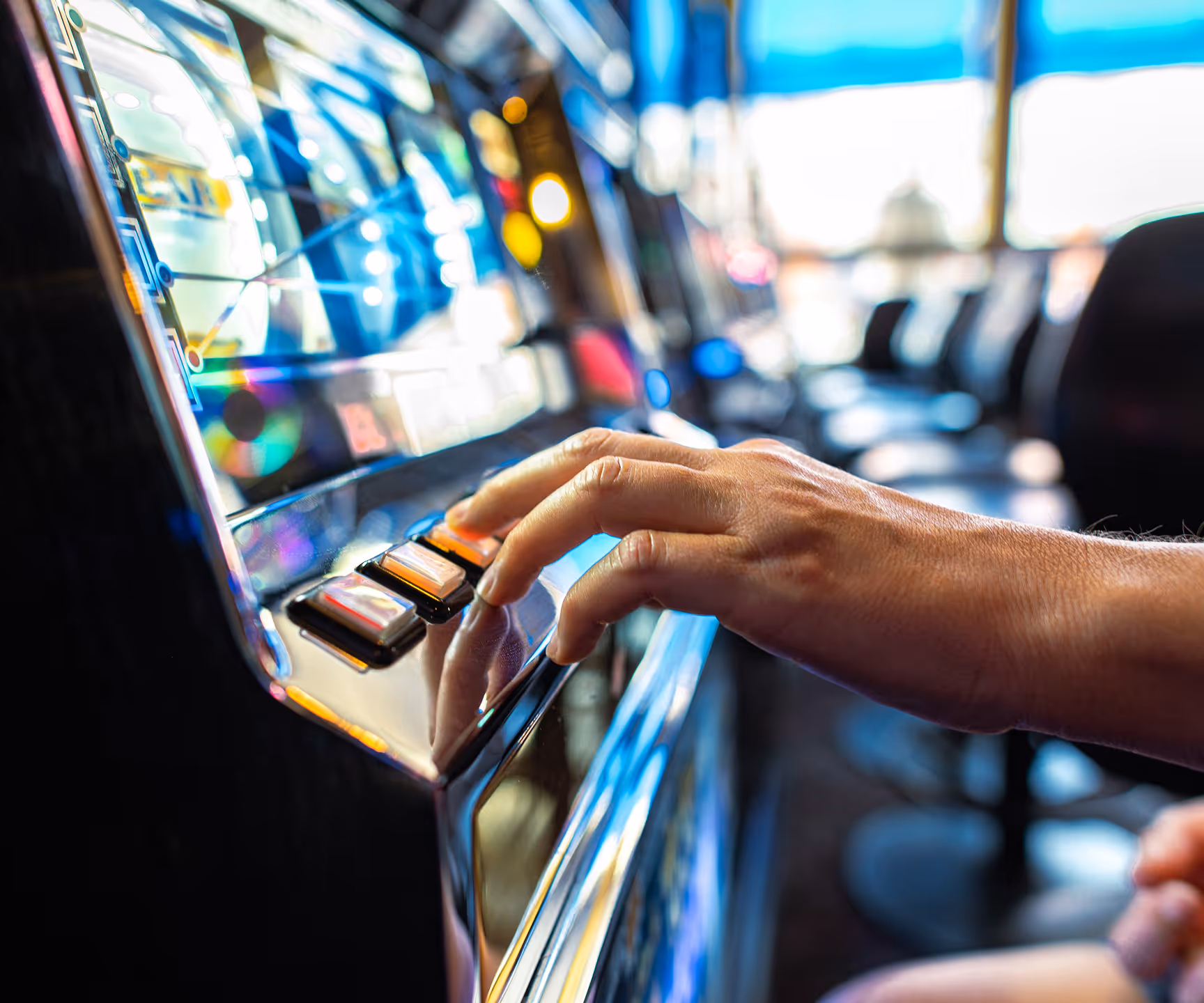 Digital slot machine with a player ready to spin.