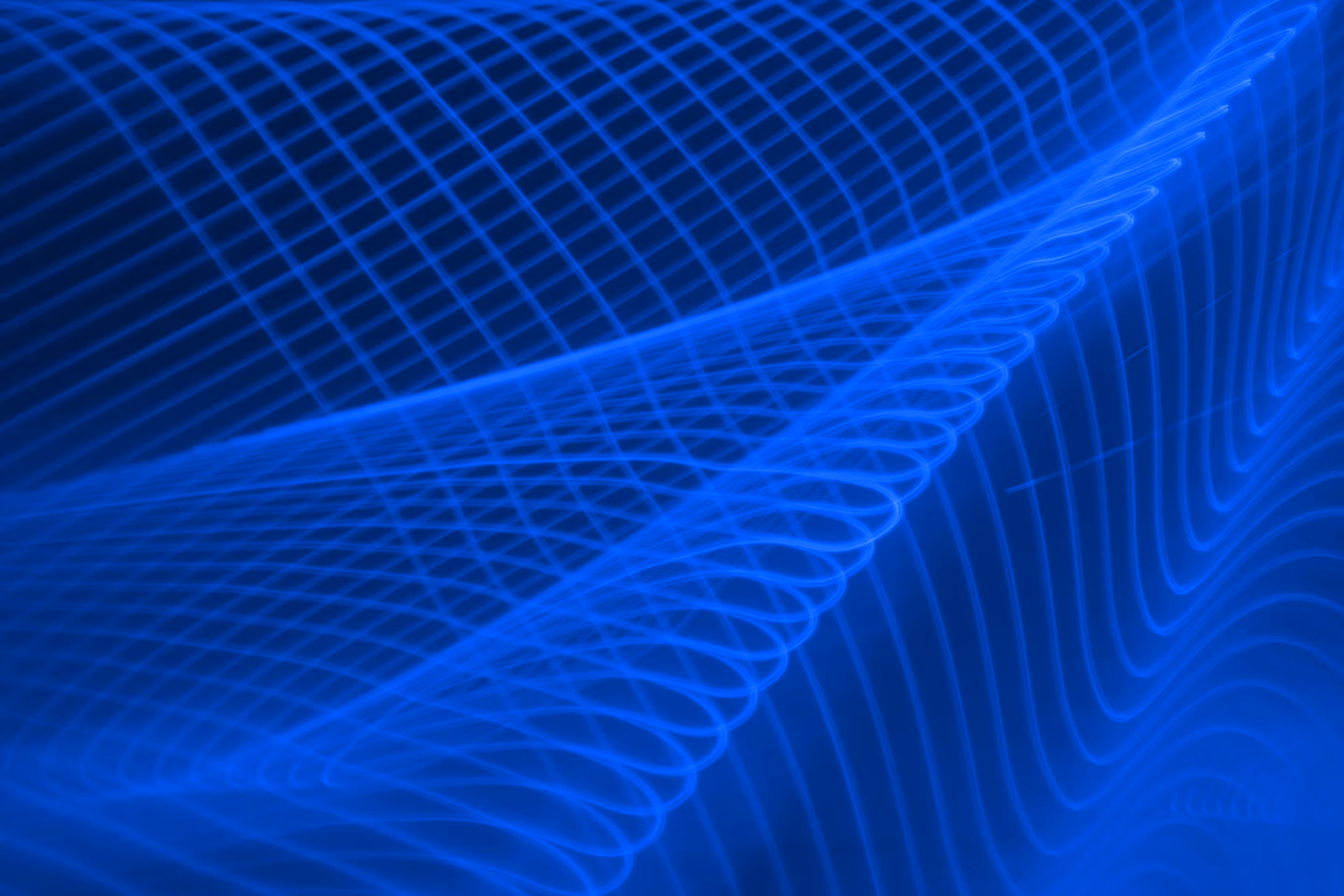 A single white and light blue glowing sphere floating in the center against a dark blue background with a wavy grid pattern.