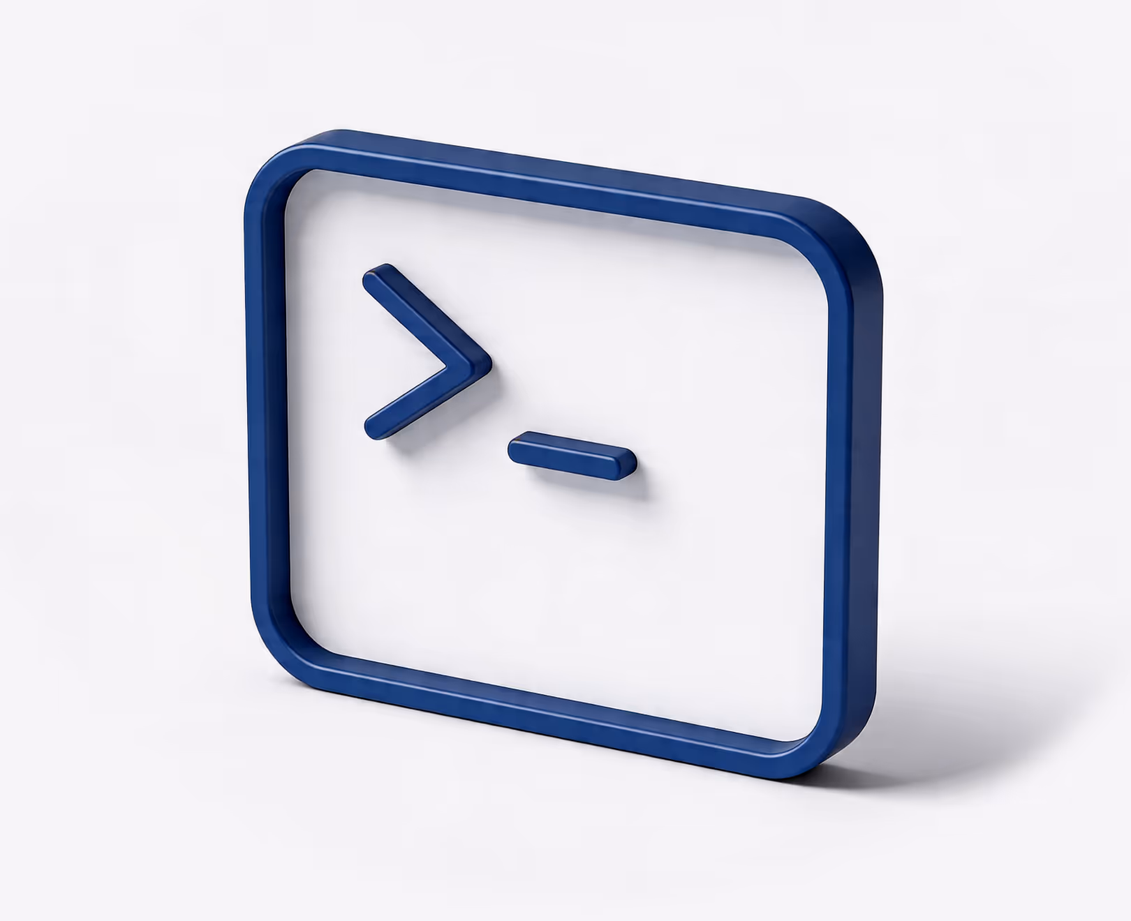 3D blue terminal or command line interface icon with a greater-than sign and a dash inside a rounded rectangle frame.