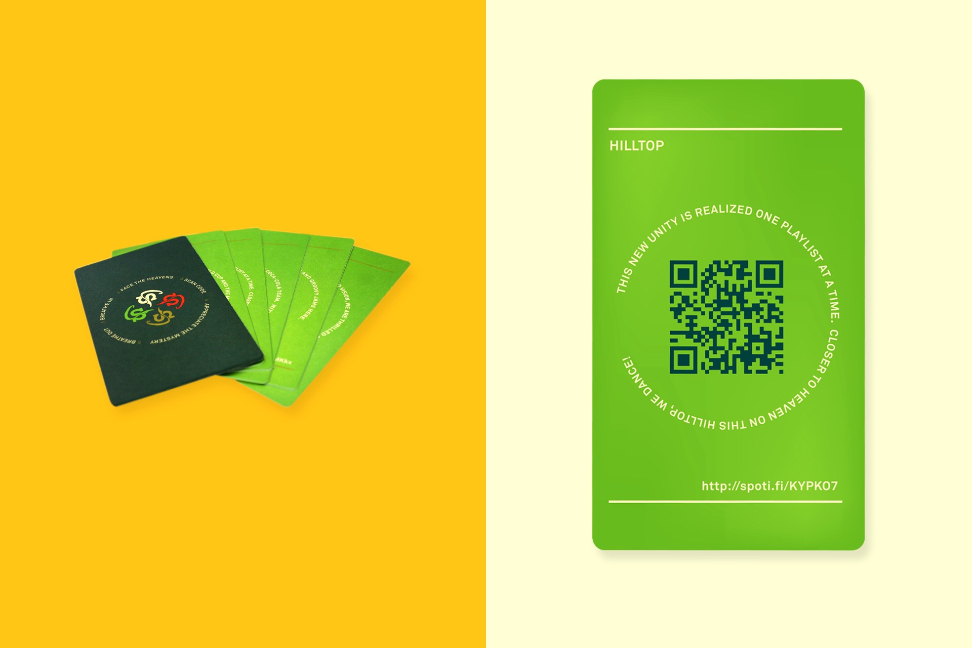 Card backs carrying QR codes and playlist short links