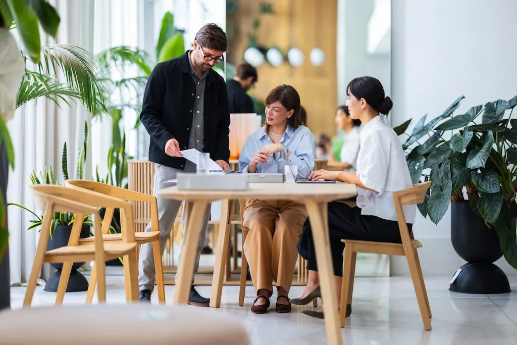 Three colleagues in a modern office with plants, two seated at a wooden table and one standing, reviewing documents.