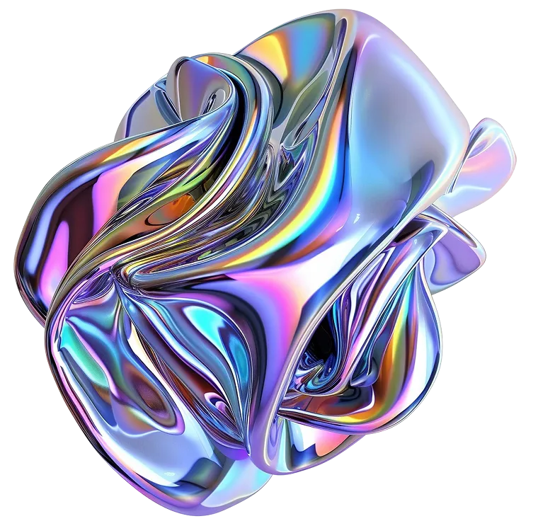 Abstract shiny metallic object with fluid, folded shapes reflecting vibrant rainbow colors on a transparent background.