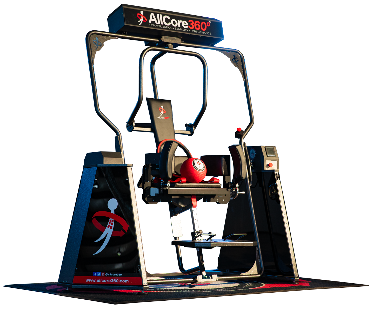 AllCore360 exercise machine with a black seat, metal frame, and a red weighted ball placed on the seat.
