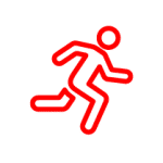 Red outline icon of a person running.