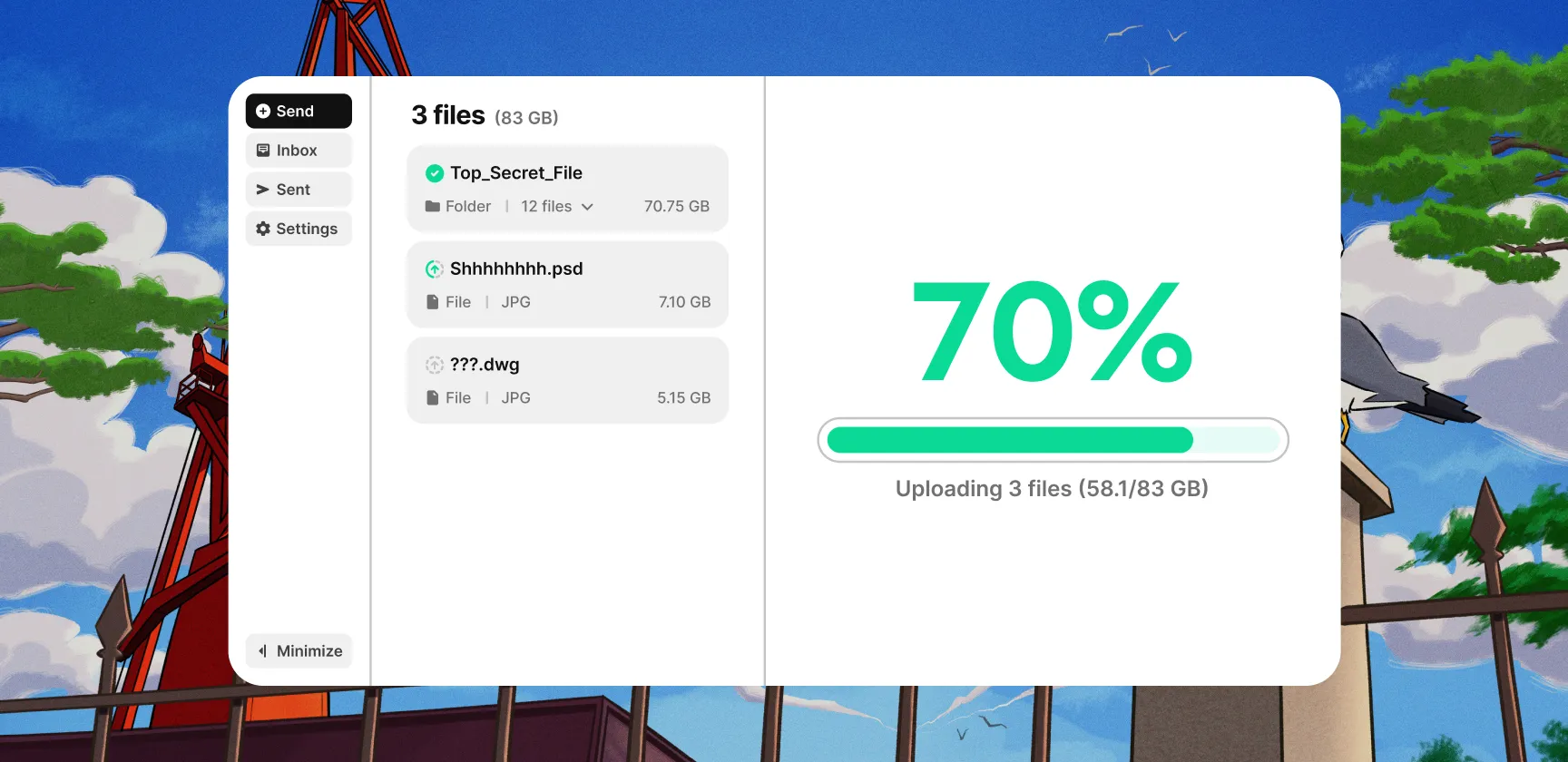 File upload interface showing 3 files totaling 83 GB with a progress bar at 70% and 58.1 GB uploaded.