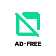Green icon with a square and a diagonal line crossing it, symbolizing no ads, above the text 'AD-FREE'.