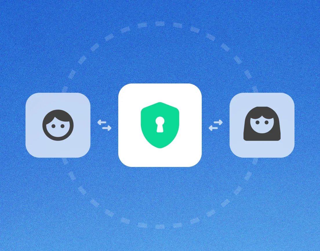 Diagram showing two user icons connected by arrows to a central shield icon with a keyhole, representing secure communication or encryption.