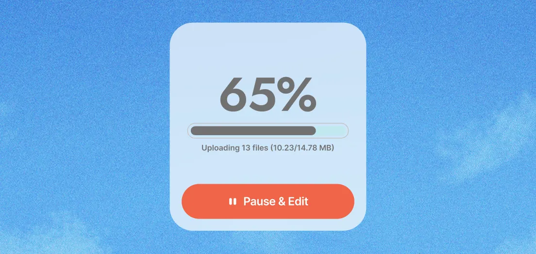 File upload progress at 65%, uploading 13 files with 10.23 MB of 14.78 MB completed, with a Pause & Edit button.