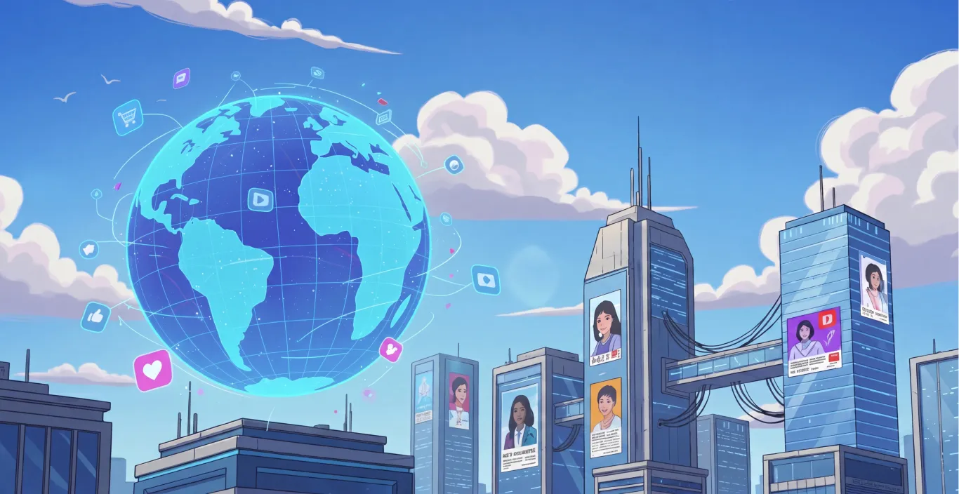 Digital globe above a cityscape with skyscrapers displaying social media profiles connected by data lines, under a partly cloudy blue sky.