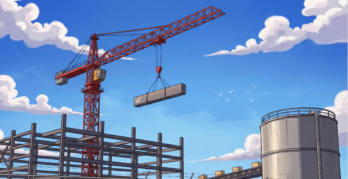 Illustration of a construction crane lifting a concrete beam over a building framework with a large cylindrical storage tank nearby under a blue sky with clouds.