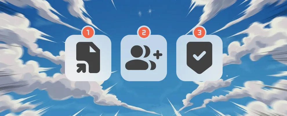 Three icons numbered 1, 2, and 3 with a blue sky and white clouds background: a file download icon, a user add icon, and a shield with a checkmark icon.