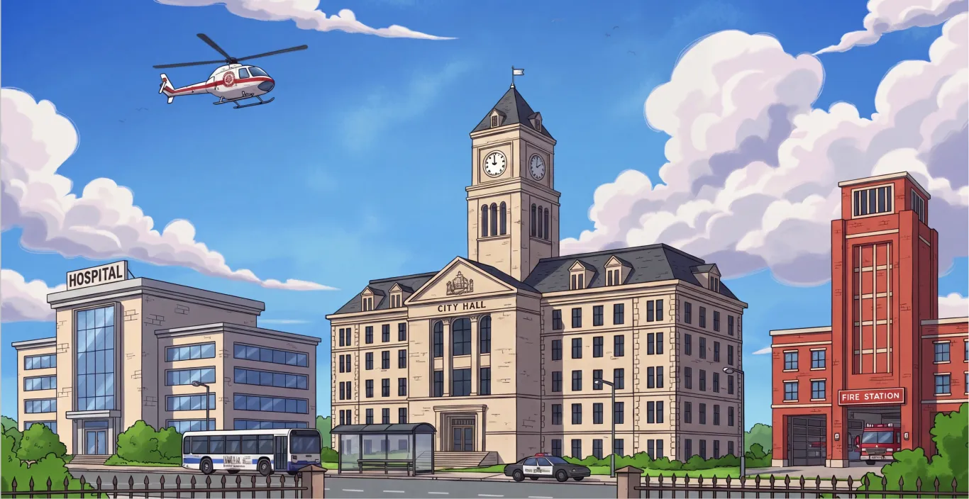 Illustration of a city hall building with a clock tower, a hospital, a fire station, a bus stop, police car, and a helicopter flying in a partly cloudy sky.