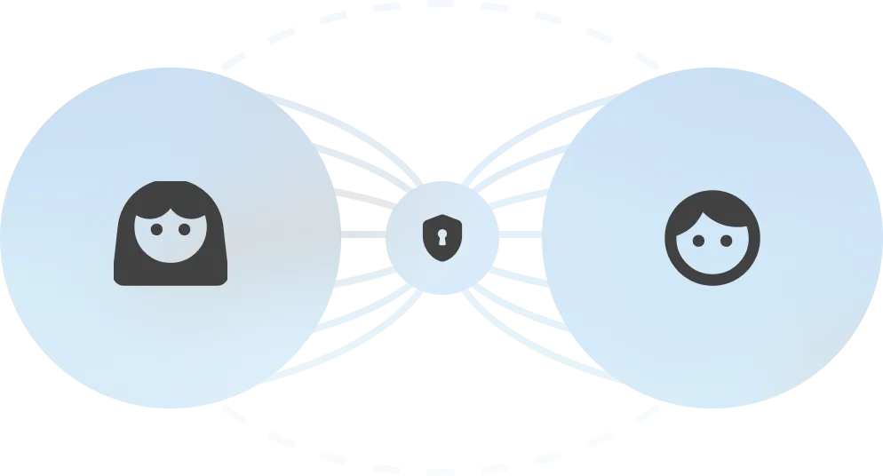 Two blue circular areas connected by lines to a central lock icon, with a female avatar icon on the left circle and a male avatar icon on the right circle, symbolizing secure communication or connection.