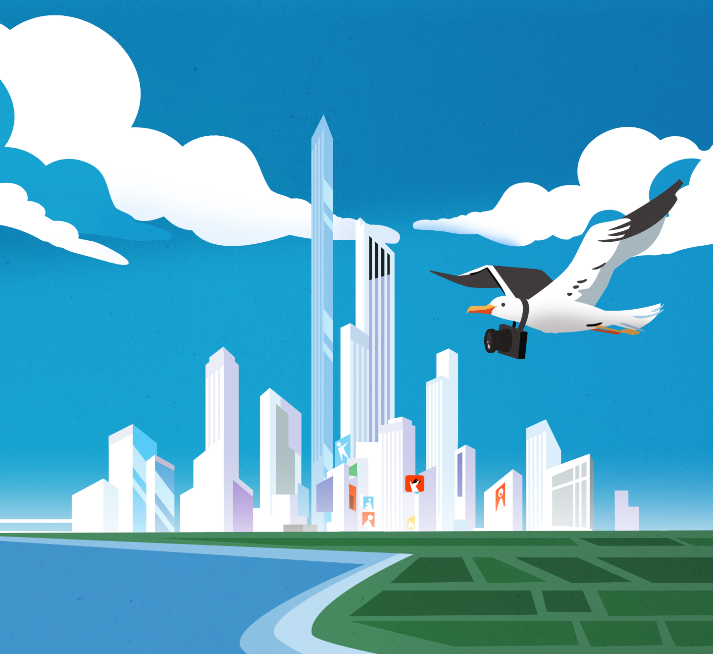 Illustrated cityscape with tall buildings displaying digital profiles and a large holographic globe surrounded by social media icons against a blue sky with clouds.