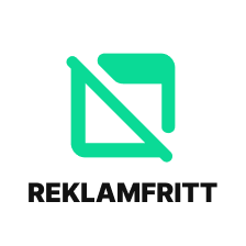 Green icon of a square with a diagonal line through it above the word 'REKLAMFRITT' in bold black letters.