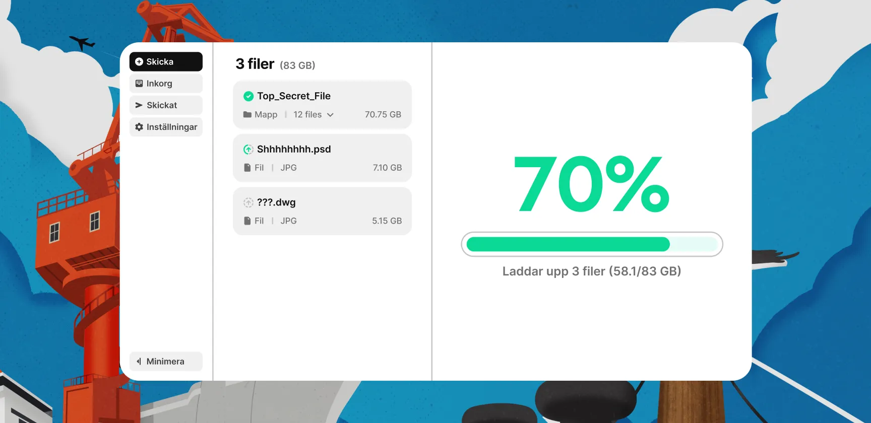 File upload interface showing 3 files with total size 83 GB, progress at 70%, uploading 58.1 of 83 GB.