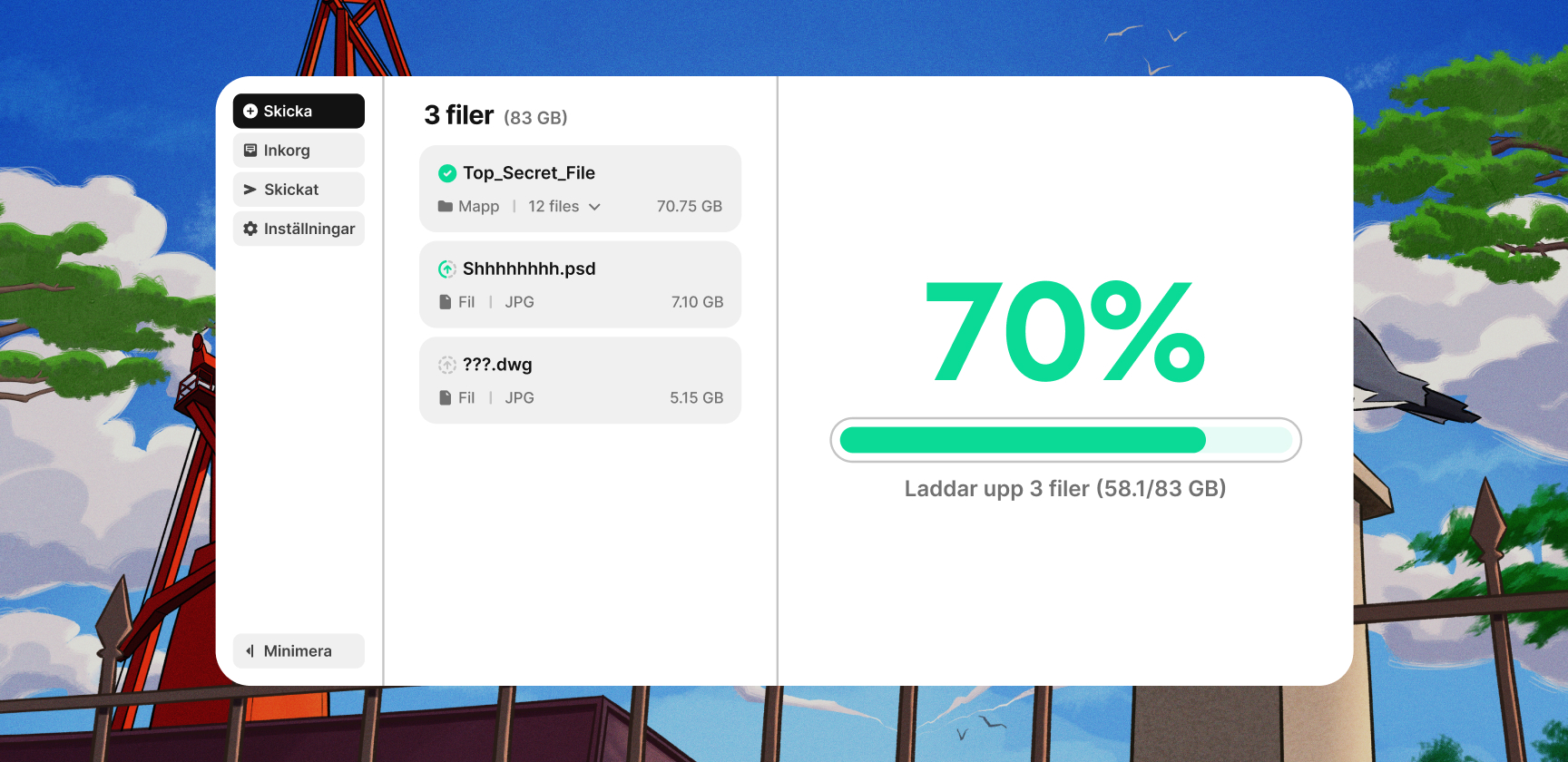 File upload interface showing 3 files with total size 83 GB, progress at 70%, uploading 58.1 of 83 GB.