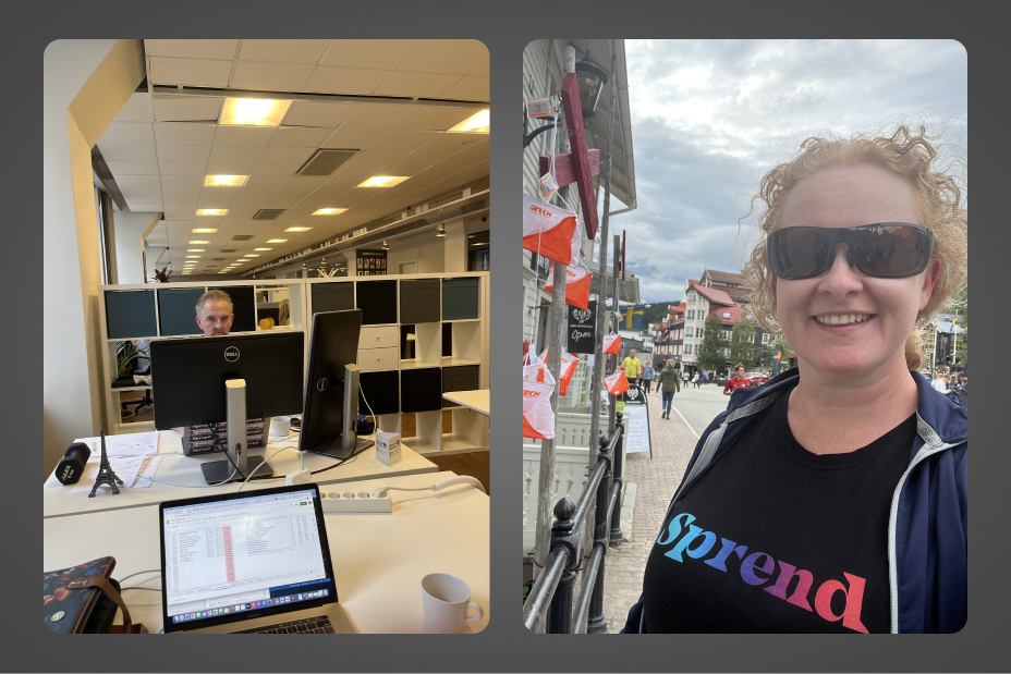 Office scene with man at desk and woman outdoors wearing sunglasses and a black shirt that says Spre nd.