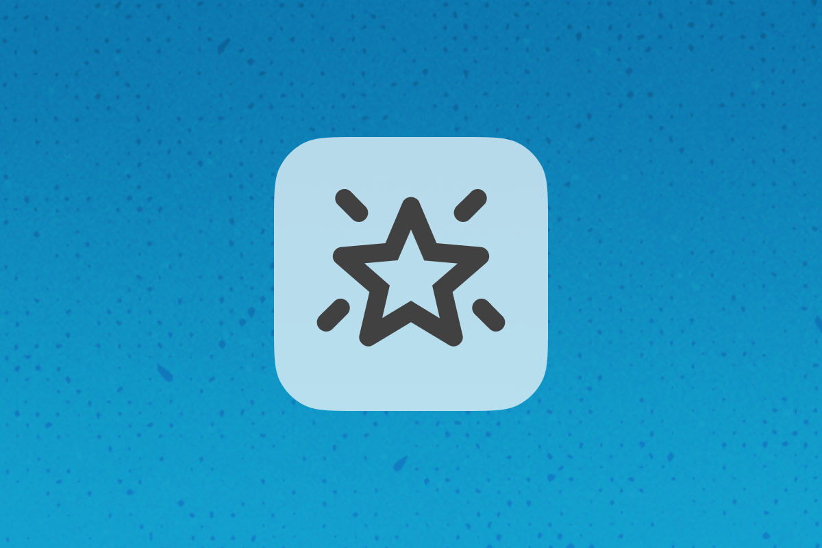 Black outlined star with four rays inside a rounded light blue square on a blue speckled background.