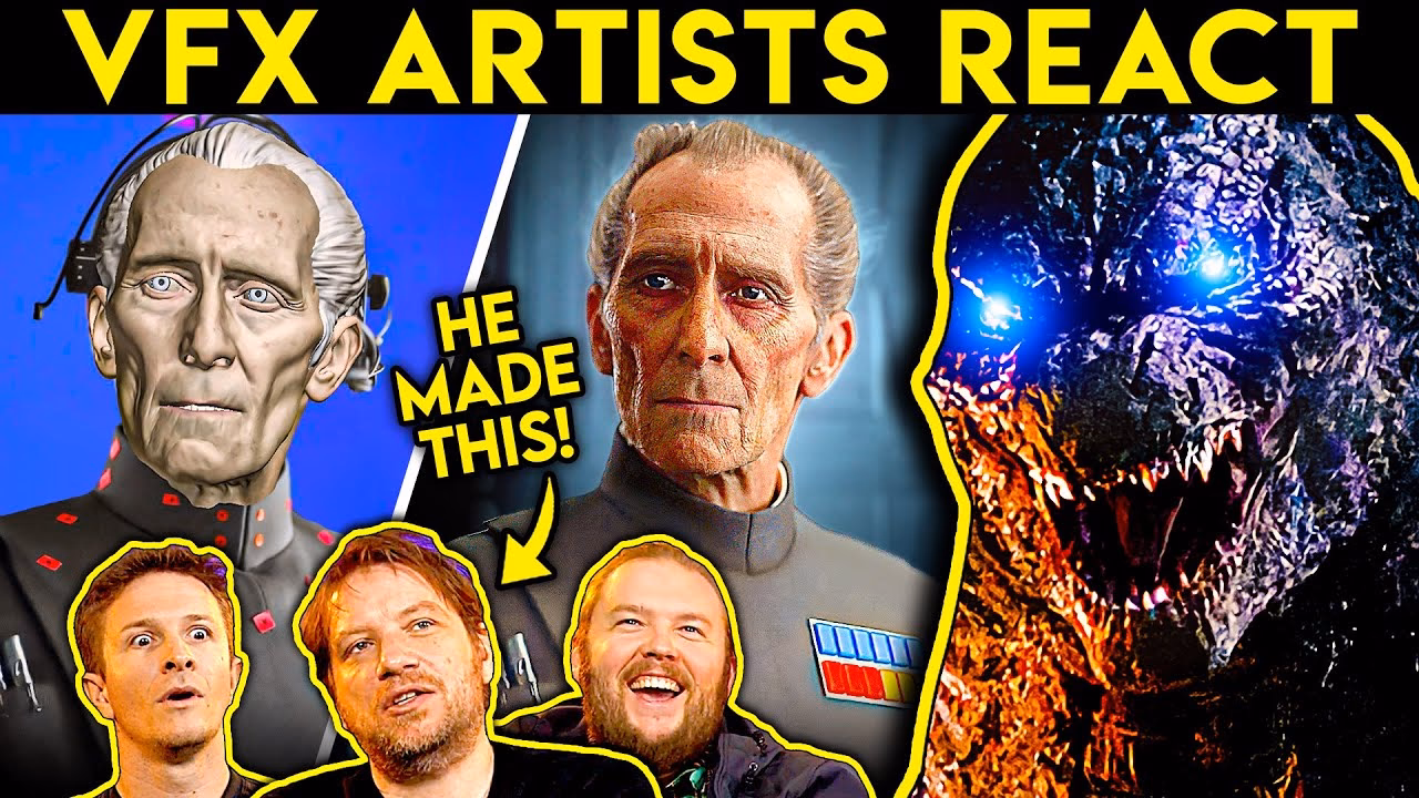 Collage with text 'VFX ARTISTS REACT' showing a digital character's model with motion capture dots, the fully rendered character from Star Wars, three men reacting at the bottom, and a glowing-eyed Godzilla head.