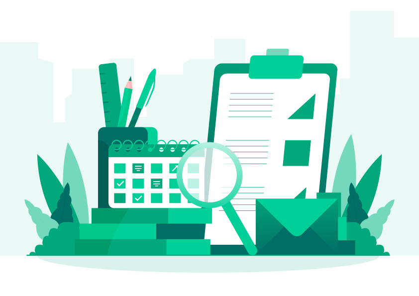 Clipboard review and magnifier illustration