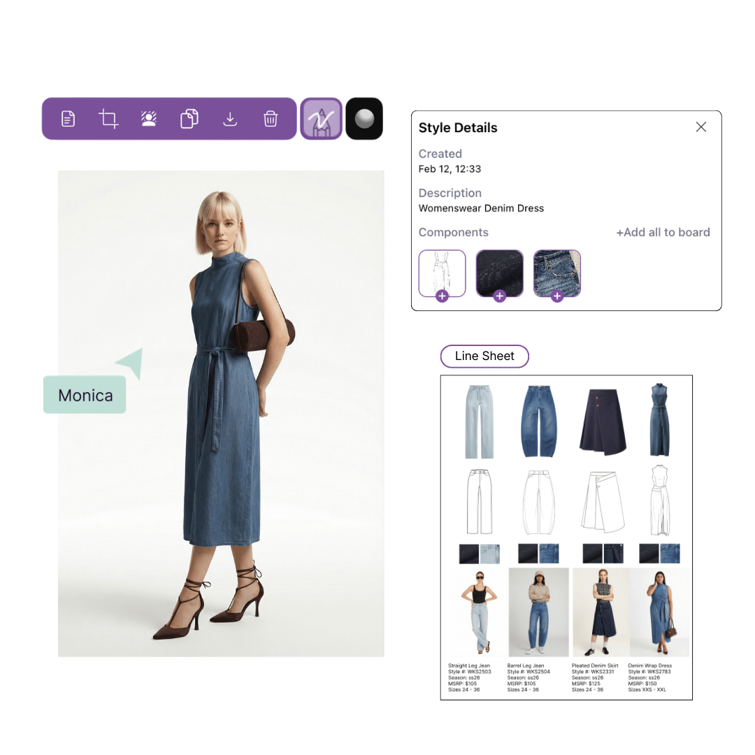 Model wearing a sleeveless belted denim dress paired with brown lace-up heels and carrying a brown clutch, with fashion design details and line sheet of denim clothing styles on the right.