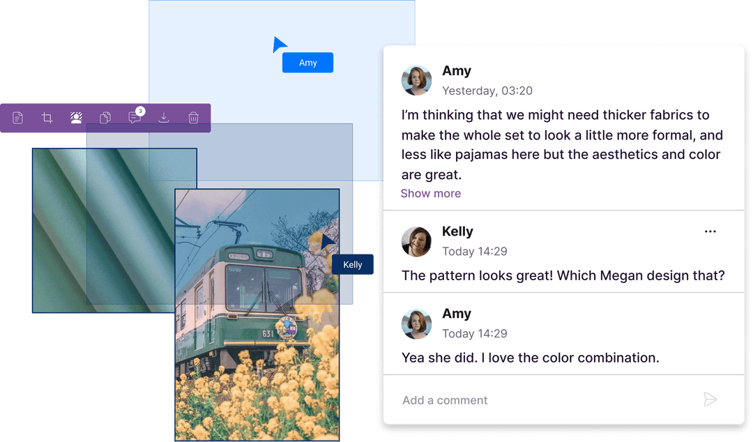 Collage with green folded fabric, a green train numbered 631 surrounded by yellow flowers, and a chat conversation discussing fabric thickness and design patterns.