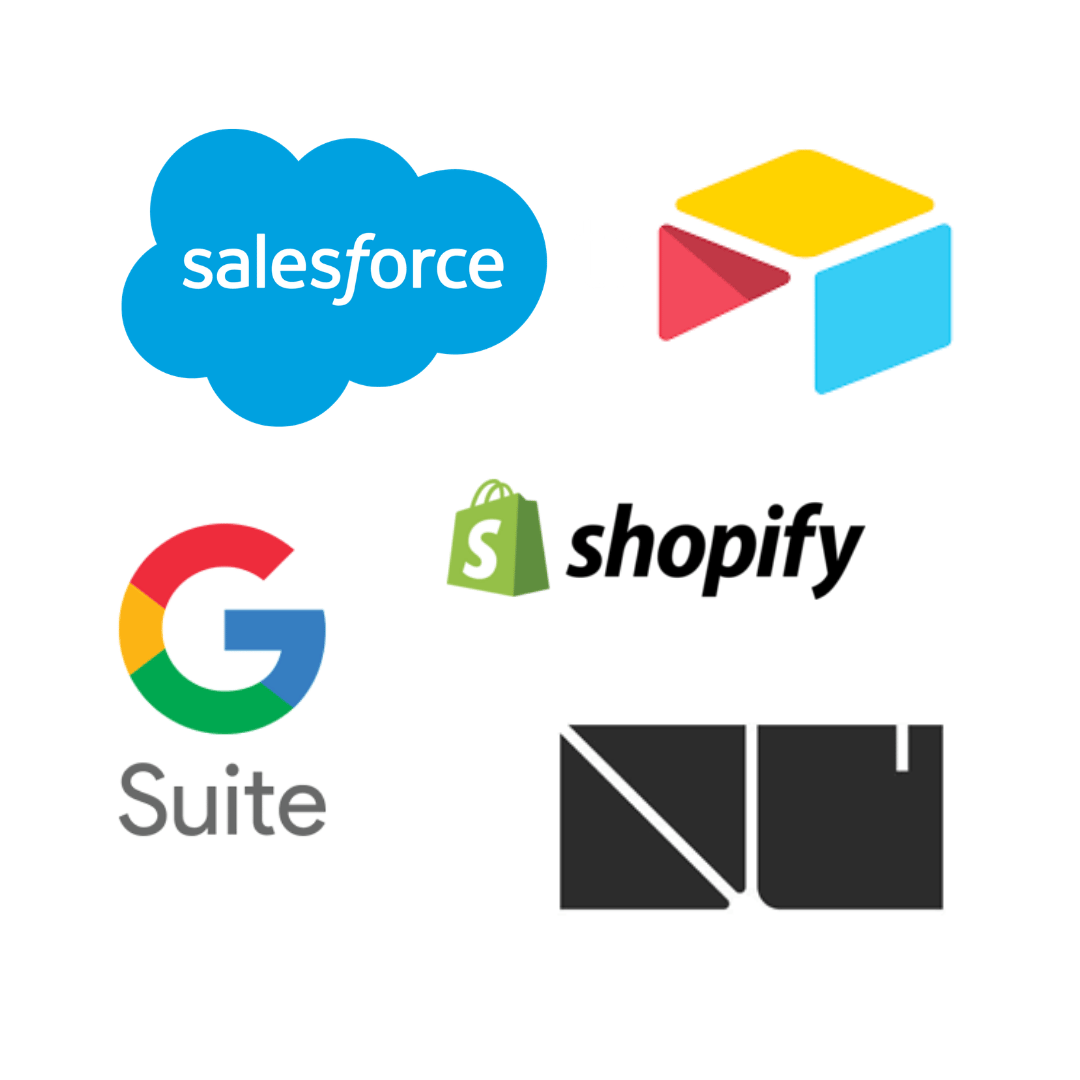 Logos of Salesforce, Airtable, Google Suite, Shopify, and NUOrder arranged in a cluster.
